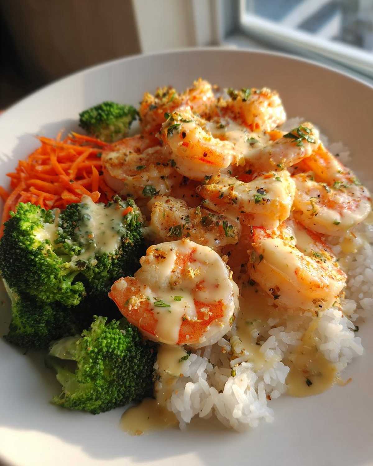 Close-up of a Garlic Butter Shrimp Rice Bowl featuring shrimp drizzled with garlic sauce over rice, served with broccoli and shredded carrots.