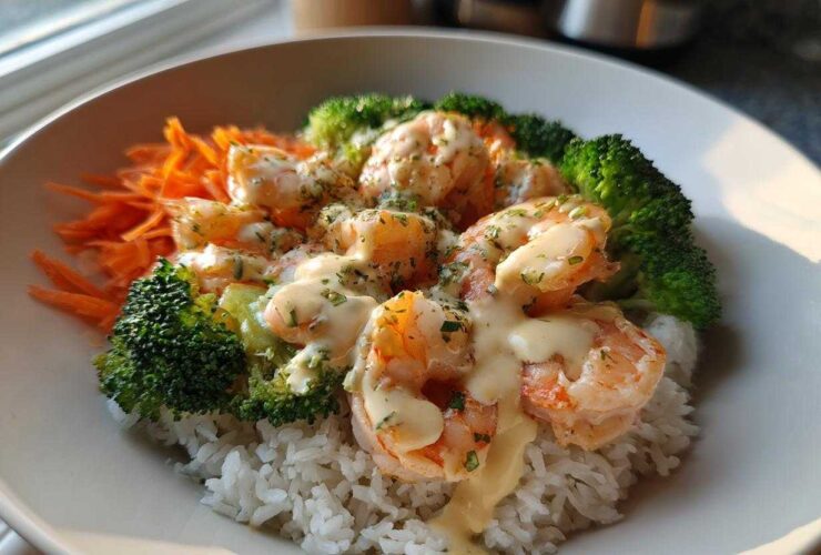Close-up of a Garlic Butter Shrimp Rice Bowl topped with creamy garlic sauce, broccoli, and shredded carrots.