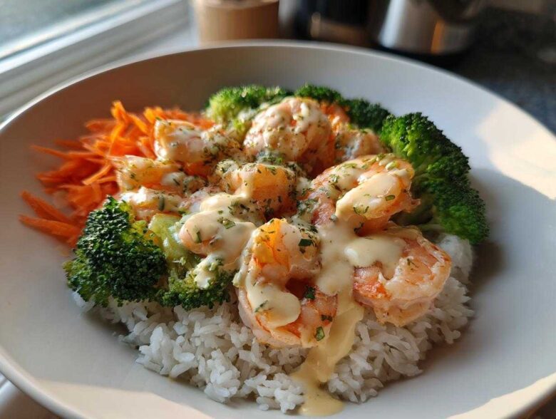 Close-up of a Garlic Butter Shrimp Rice Bowl topped with creamy garlic sauce, broccoli, and shredded carrots.