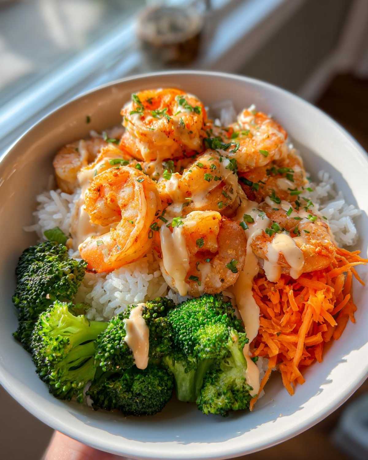 A close-up of a Garlic Butter Shrimp Rice Bowl featuring shrimp, white rice, broccoli florets, shredded carrots, and a creamy garlic sauce.