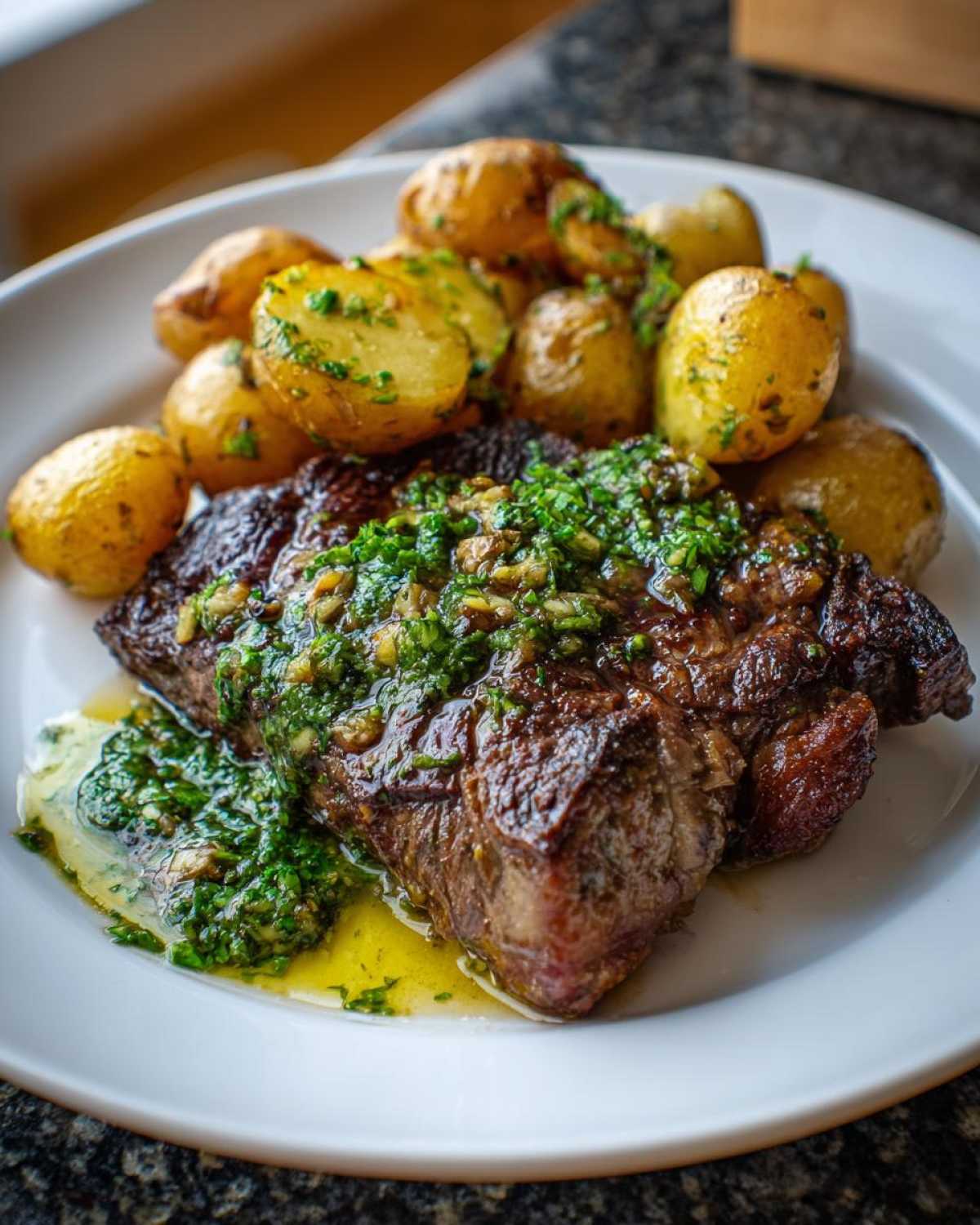 A perfectly cooked steak topped with vibrant herb sauce, served alongside roasted potatoes, part of the Garlic Butter Steak and Potatoes recipe.
