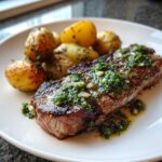 A perfectly cooked steak topped with vibrant green garlic butter herb sauce, served alongside roasted potatoes.