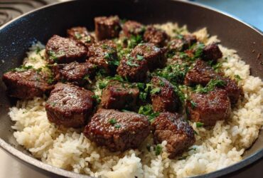 Close-up of juicy steak bites served over white rice, garnished with parsley in a skillet, featuring the Garlic Butter Steak and Rice Skillet Dinner.
