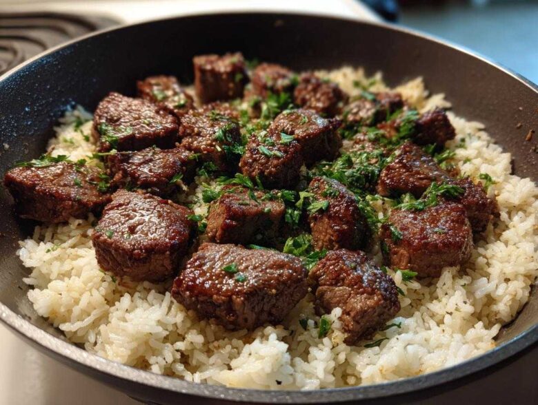 Close-up of juicy steak bites served over white rice, garnished with parsley in a skillet, featuring the Garlic Butter Steak and Rice Skillet Dinner.