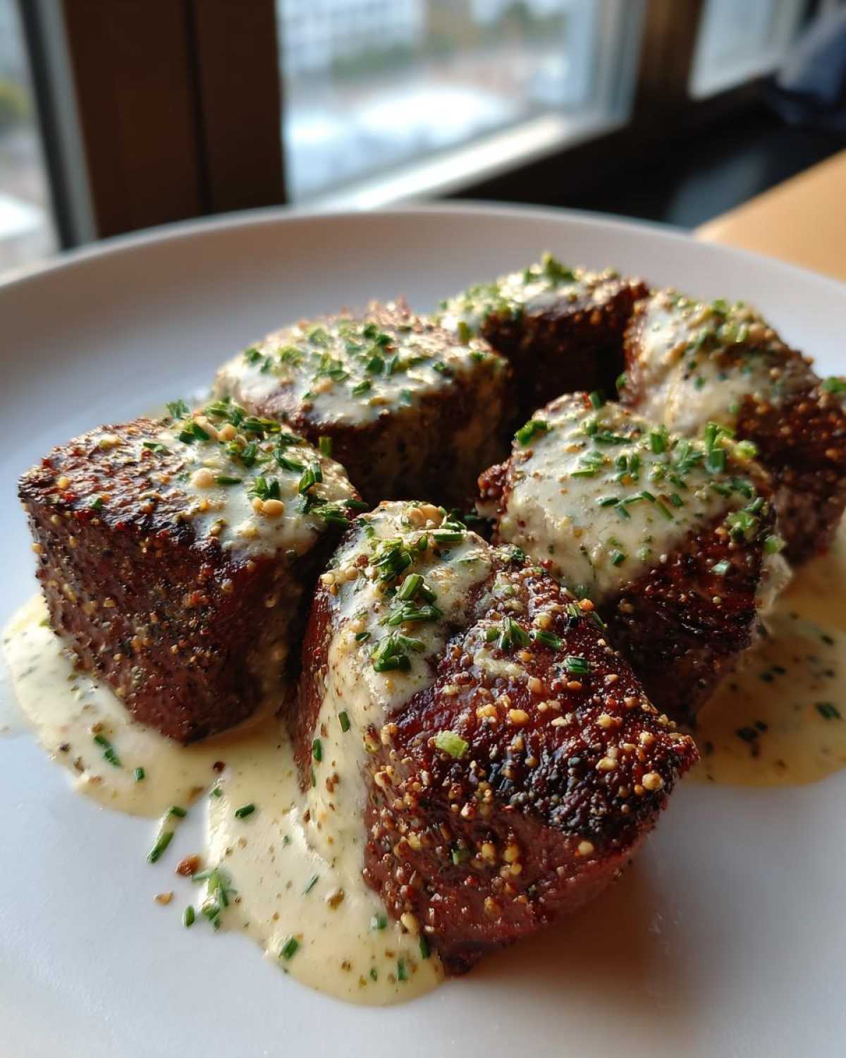 Six perfectly seared Garlic Butter Steak Bites topped with creamy garlic sauce and fresh chives on a white plate.