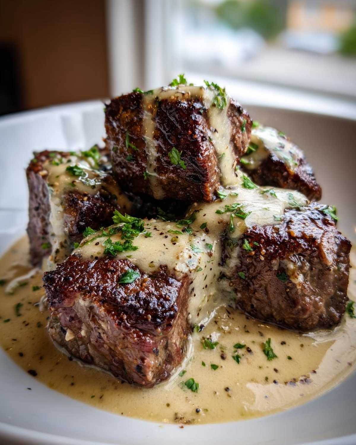 Close-up of seared Garlic Butter Steak Bites smothered in a creamy garlic sauce and sprinkled with parsley.