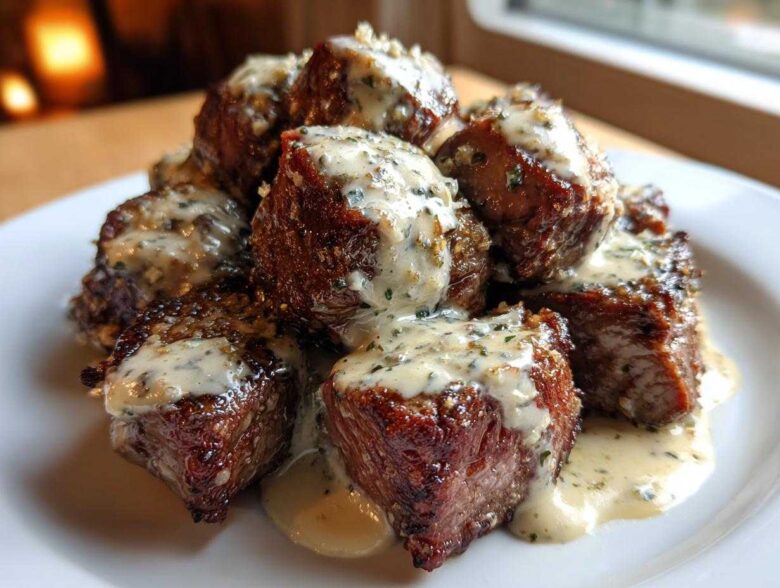 A pile of seared Garlic Butter Steak Bites generously topped with creamy garlic sauce on a white plate.