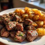 A white plate featuring Garlic Butter Steak Bites next to golden, crispy potatoes seasoned with herbs.