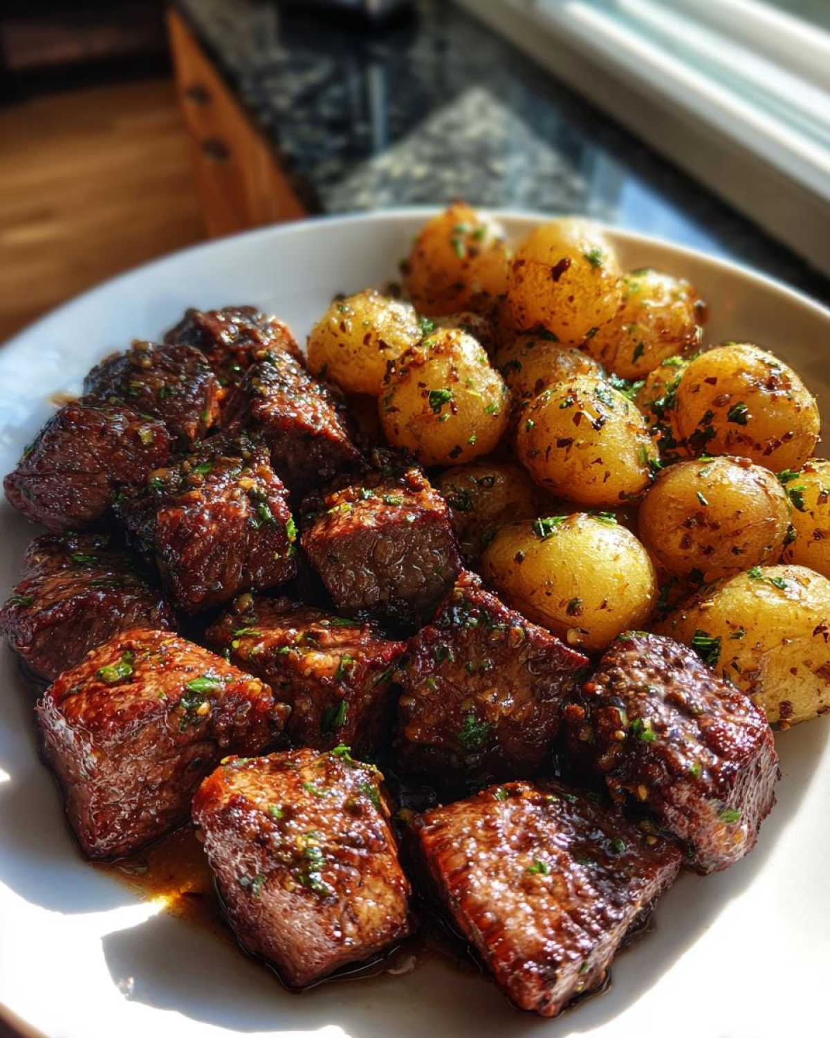 A white plate filled with Garlic Butter Steak Bites with Crispy Potatoes, glistening with sauce and herbs.