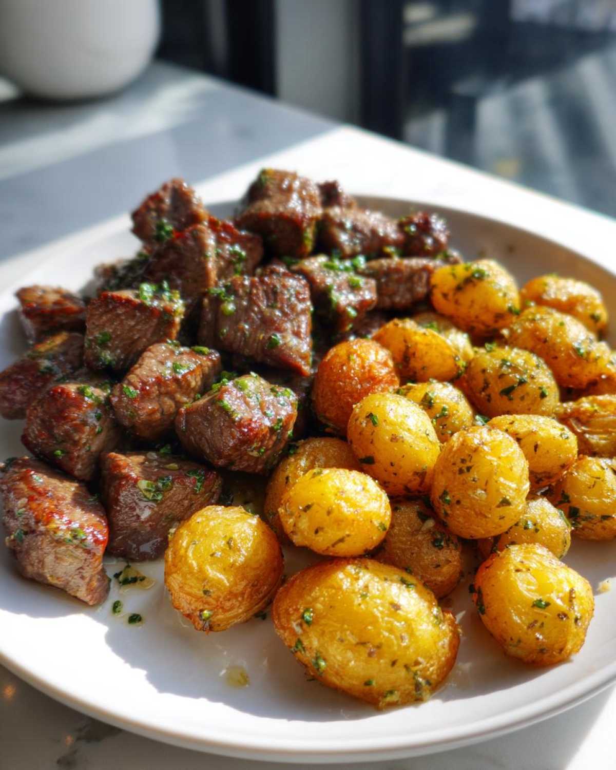 A plate of Garlic Butter Steak Bites served alongside golden, crispy potatoes tossed in herbs.