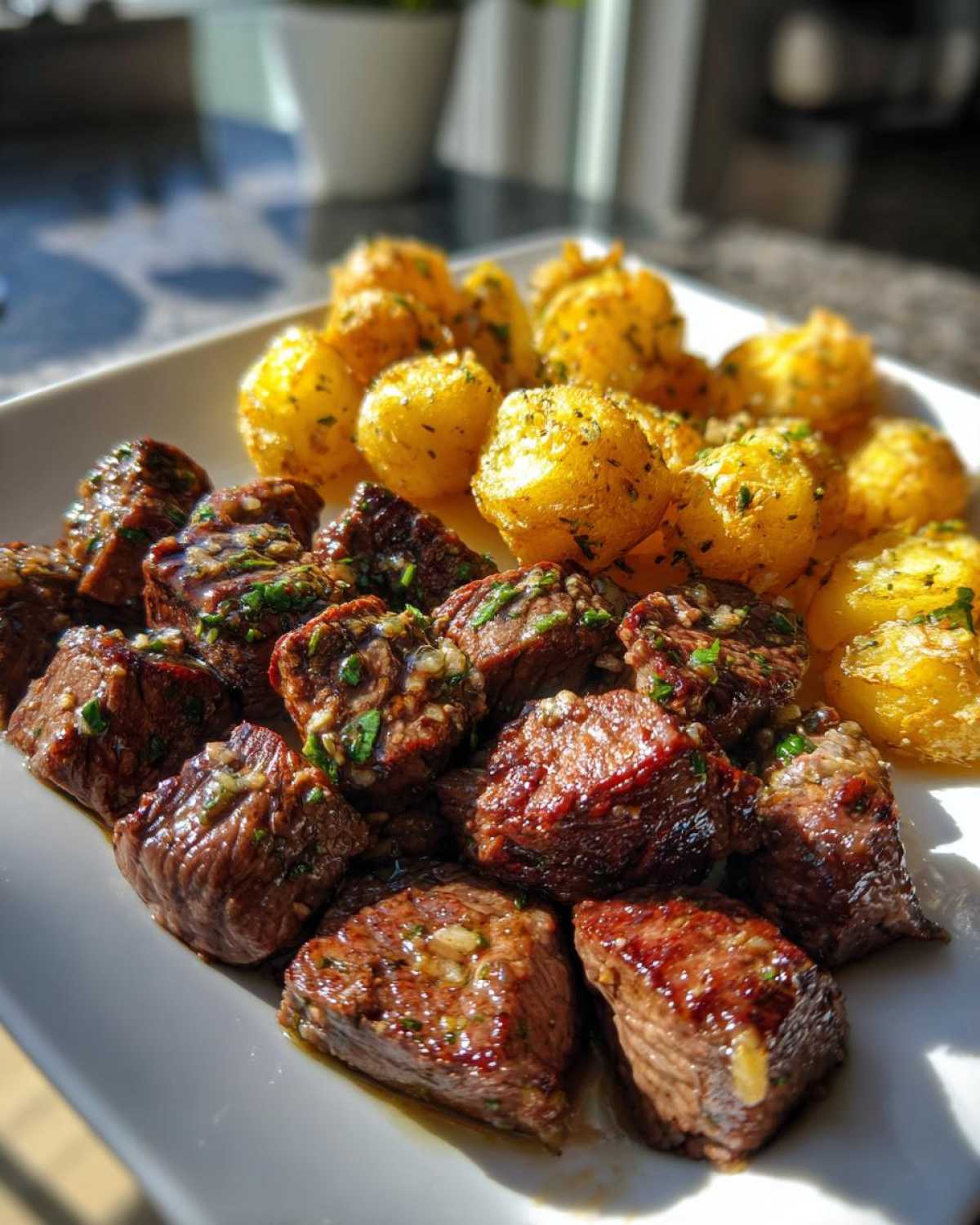 Plate of juicy Garlic Butter Steak Bites next to golden crispy potatoes seasoned with herbs.