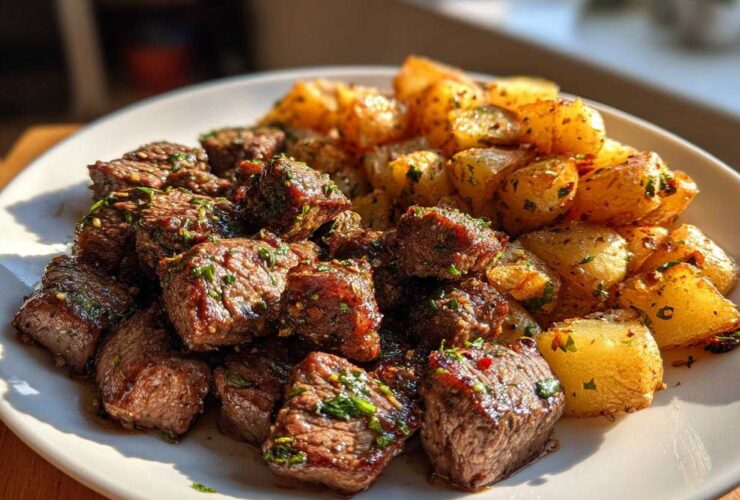 A white plate featuring Garlic Butter Steak Bites next to golden, crispy potatoes seasoned with herbs.