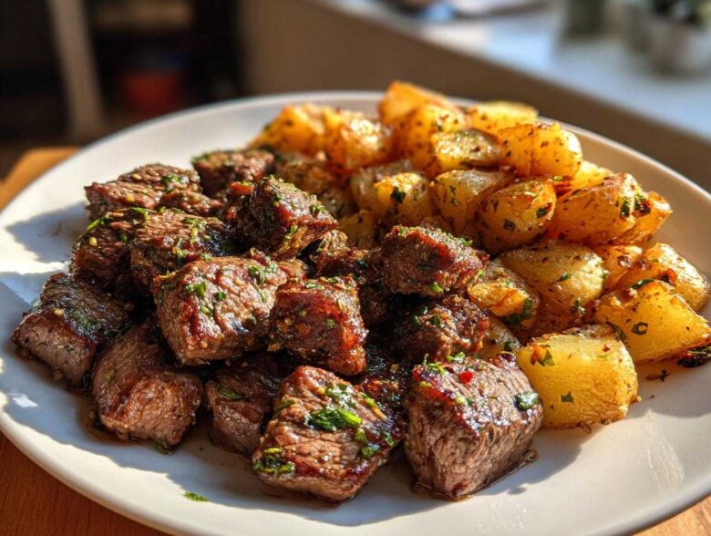 A white plate featuring Garlic Butter Steak Bites next to golden, crispy potatoes seasoned with herbs.