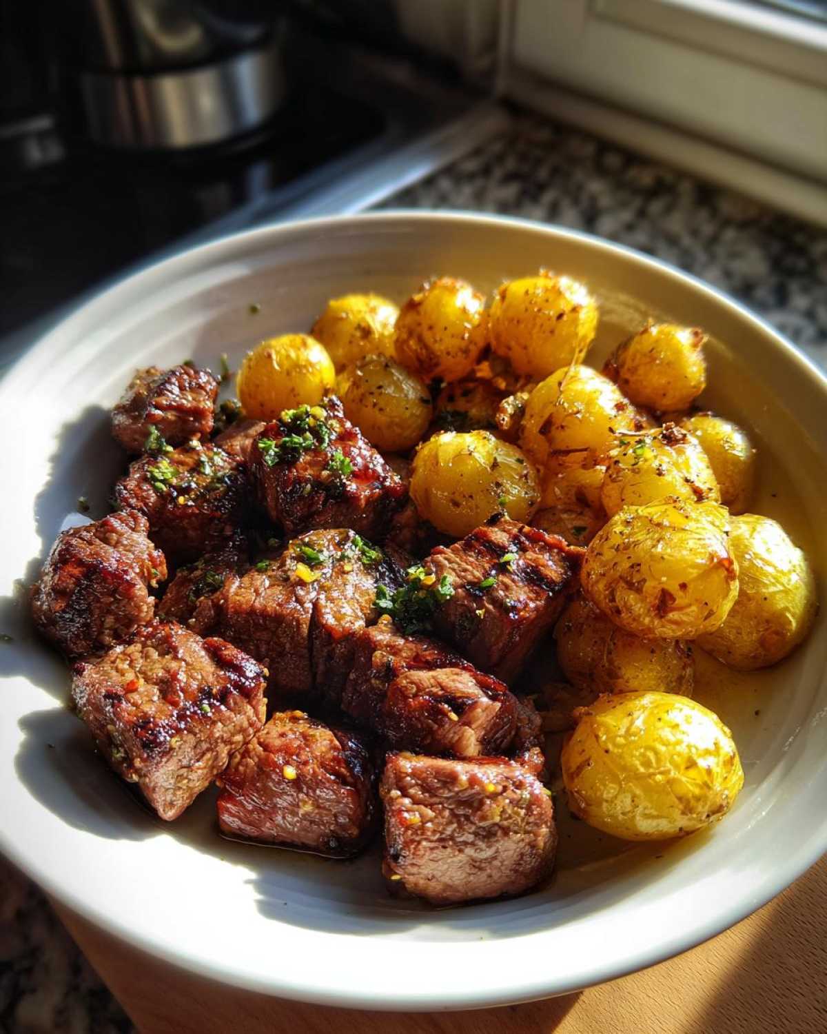 A bowl filled with juicy Garlic Butter Steak Bites and golden crispy potatoes, garnished with herbs.