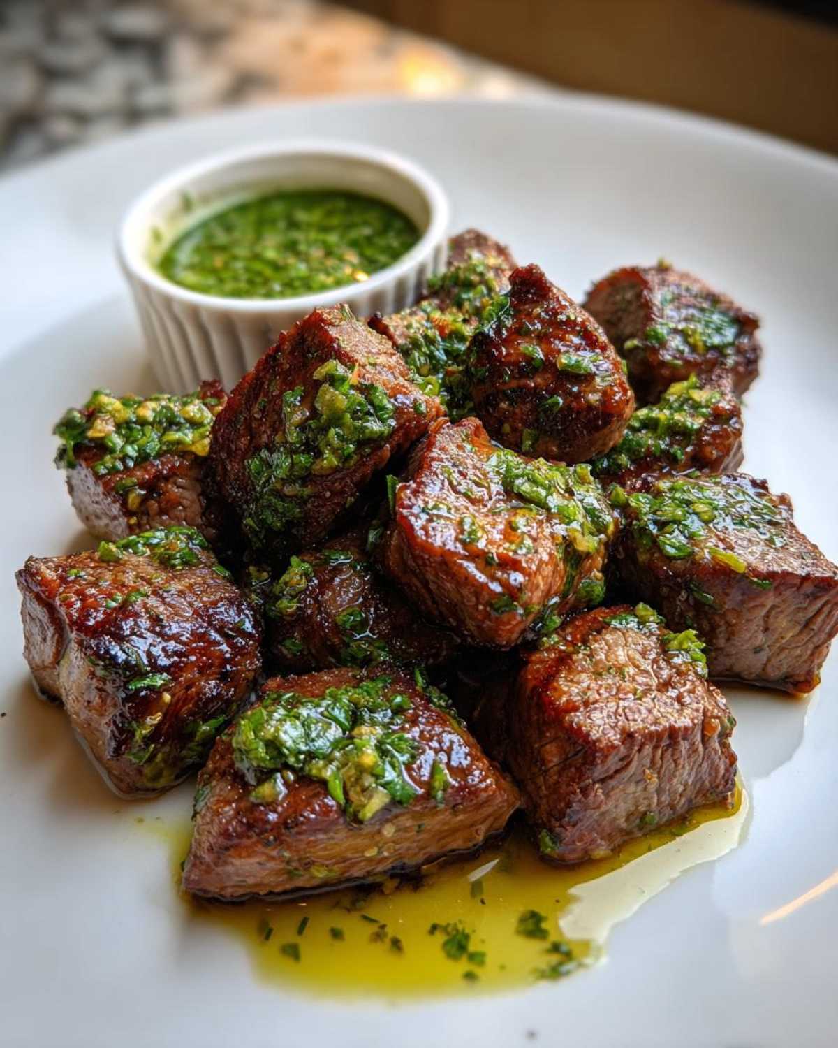 Close-up of juicy Garlic Butter Steak Bites glistening with sauce, served with a side of green herb sauce.