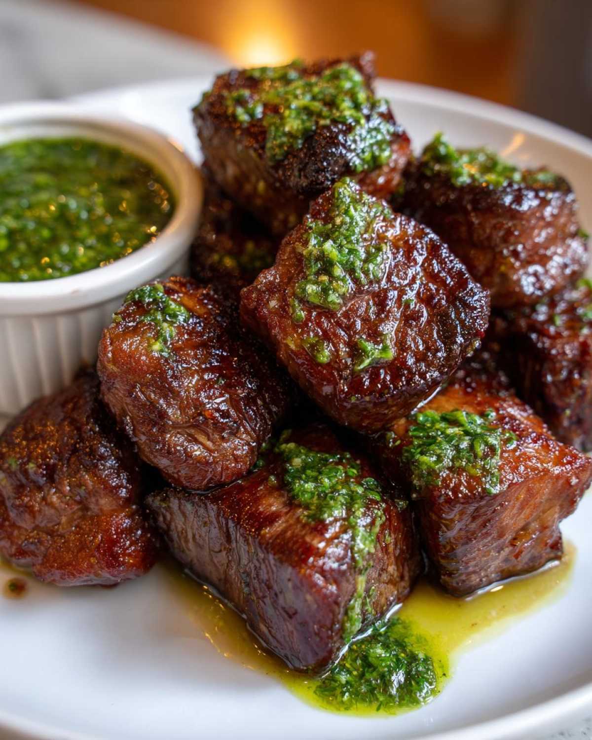 Close-up of seared Garlic Butter Steak Bites topped with a vibrant green herb sauce, served with extra sauce on the side.