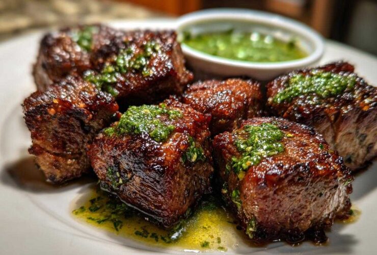 Close-up of perfectly seared Garlic Butter Steak Bites topped with bright green herb sauce.