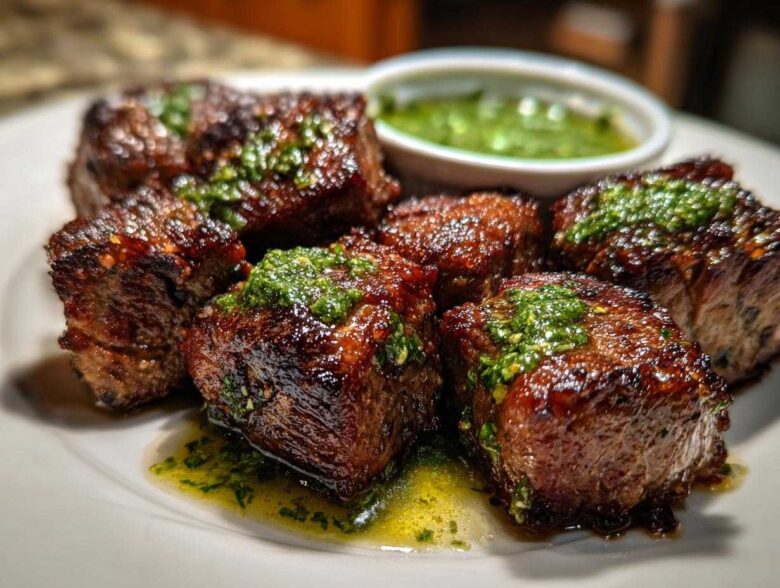 Close-up of perfectly seared Garlic Butter Steak Bites topped with bright green herb sauce.