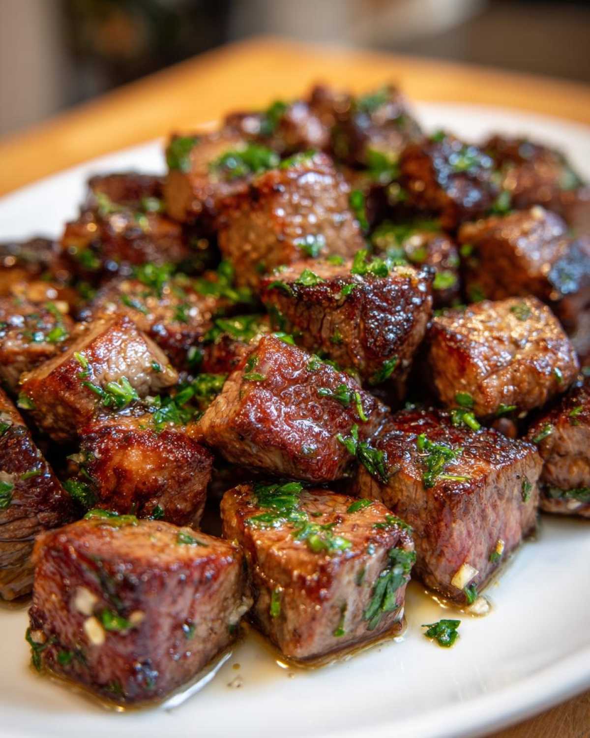 Close-up of perfectly cooked Garlic Butter Steak Bites, glistening with sauce and topped with fresh parsley.