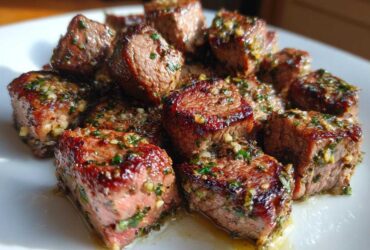 Close-up of perfectly cooked Garlic Butter Steak Bites, glistening with garlic, butter, and herbs, showing a juicy center.