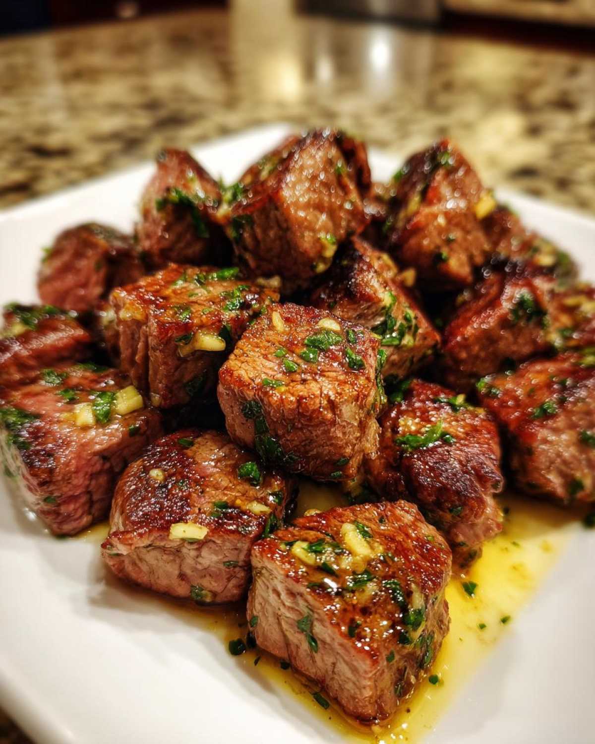Close-up of perfectly seared Garlic Butter Steak Bites with a juicy pink center, glistening with garlic and parsley butter sauce.