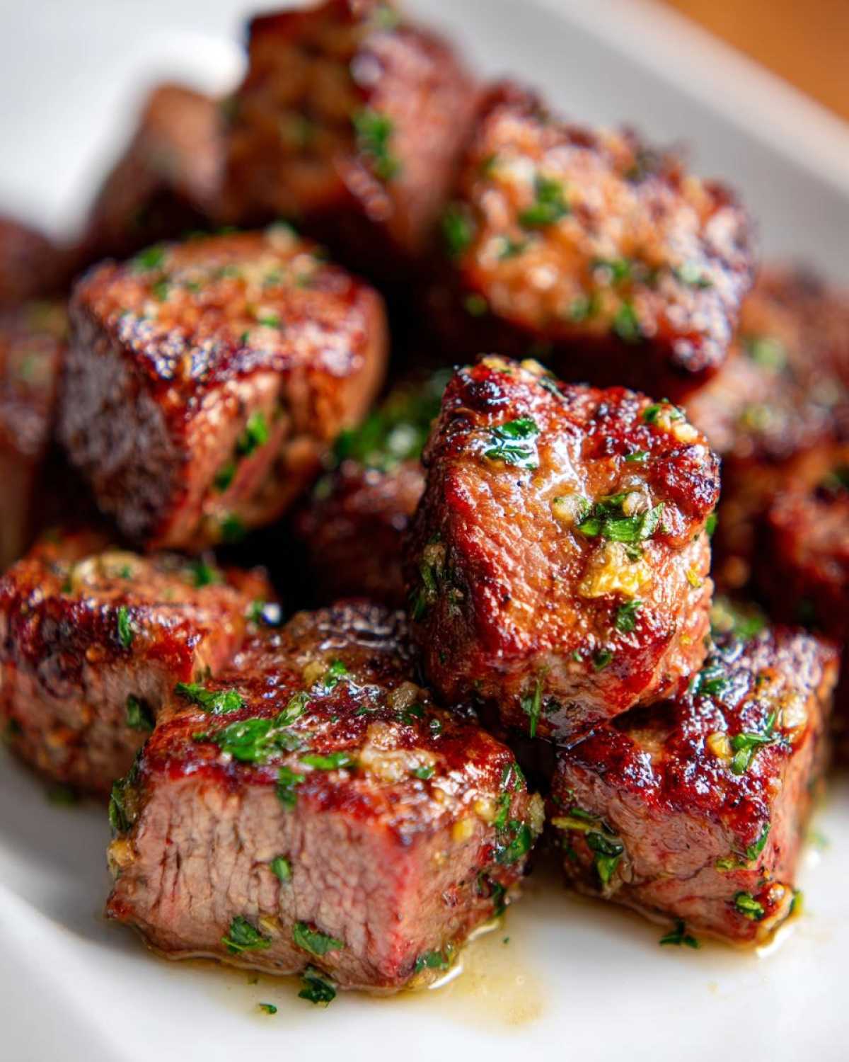 Close-up of perfectly cooked Garlic Butter Steak Bites with a juicy center, glistening with garlic butter sauce and parsley.