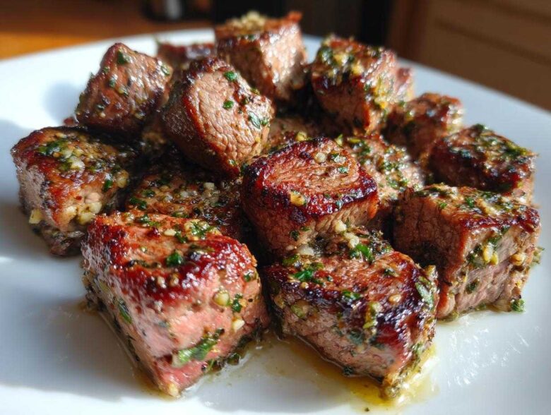 Close-up of perfectly cooked Garlic Butter Steak Bites, glistening with garlic, butter, and herbs, showing a juicy center.