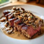 Close-up of perfectly cooked Garlic Butter Steak with Creamy Mushroom Sauce, sliced medium-rare on a white plate.