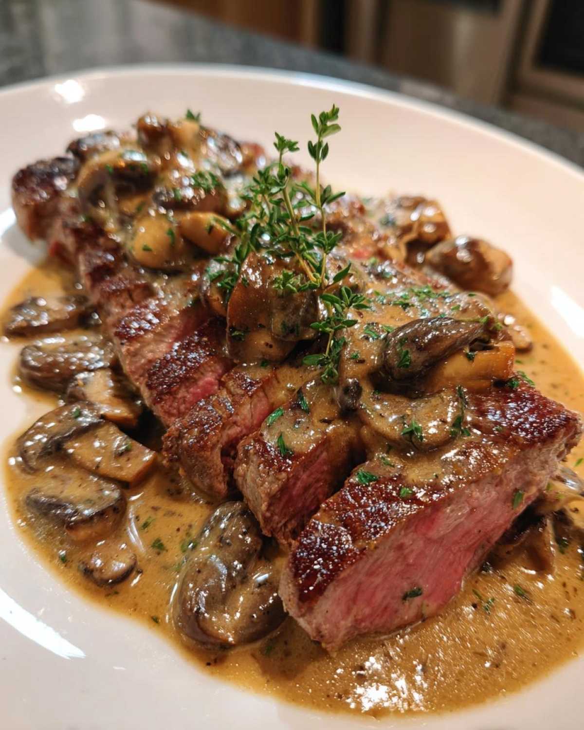 Close-up of sliced Garlic Butter Steak with Creamy Thyme and Mushroom Sauce, garnished with fresh thyme.