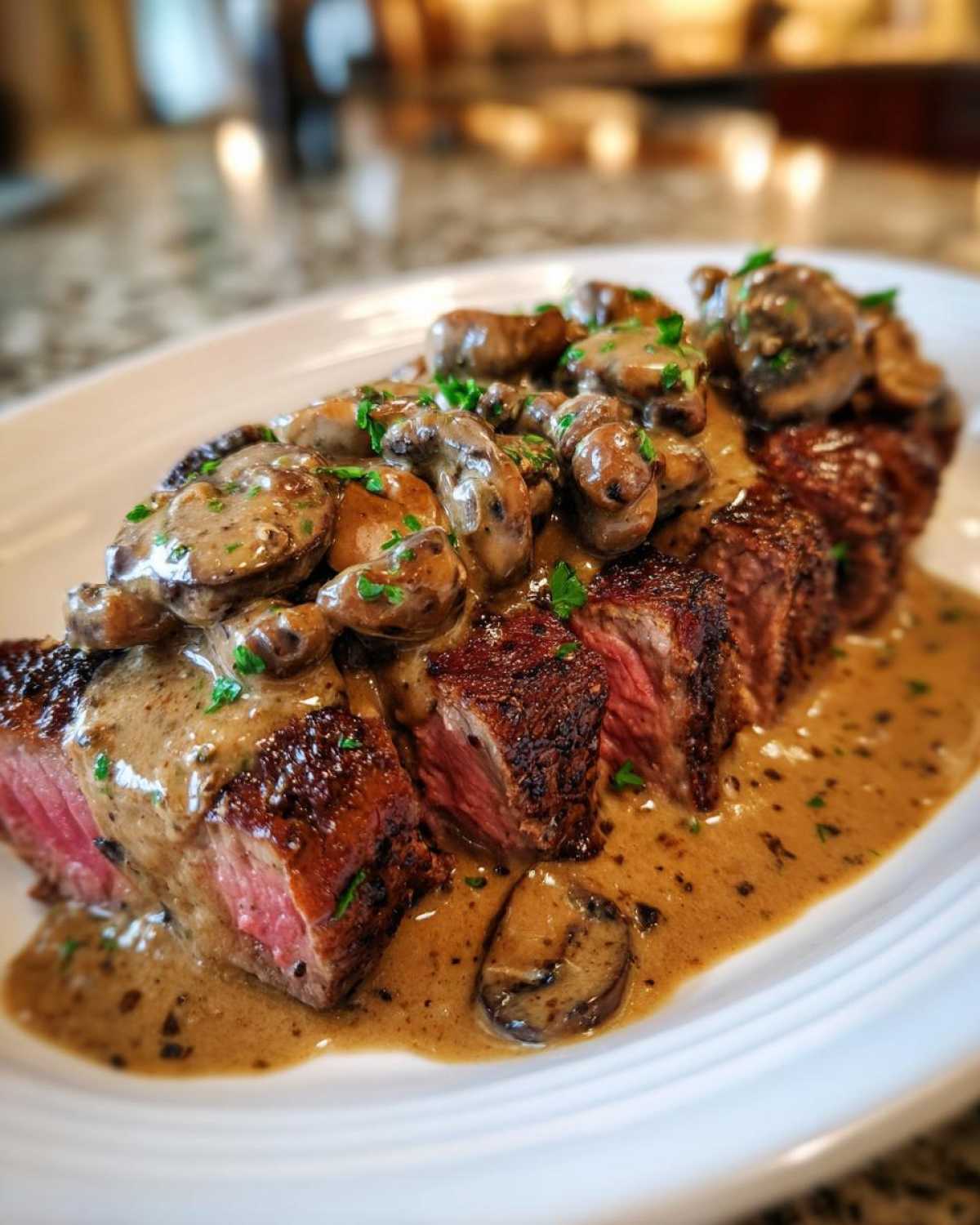 Perfectly cooked, sliced Garlic Butter Steak topped generously with creamy mushroom sauce and fresh parsley.