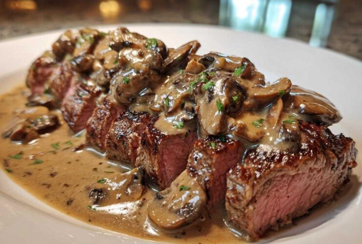 Close-up of sliced Garlic Butter Steak with Creamy Mushroom Sauce generously spooned over the medium-rare meat.