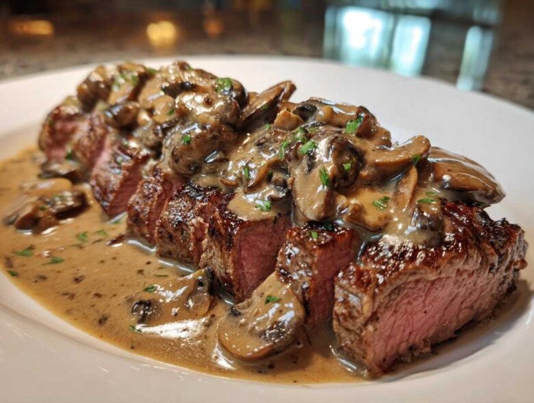 Close-up of sliced Garlic Butter Steak with Creamy Mushroom Sauce generously spooned over the medium-rare meat.