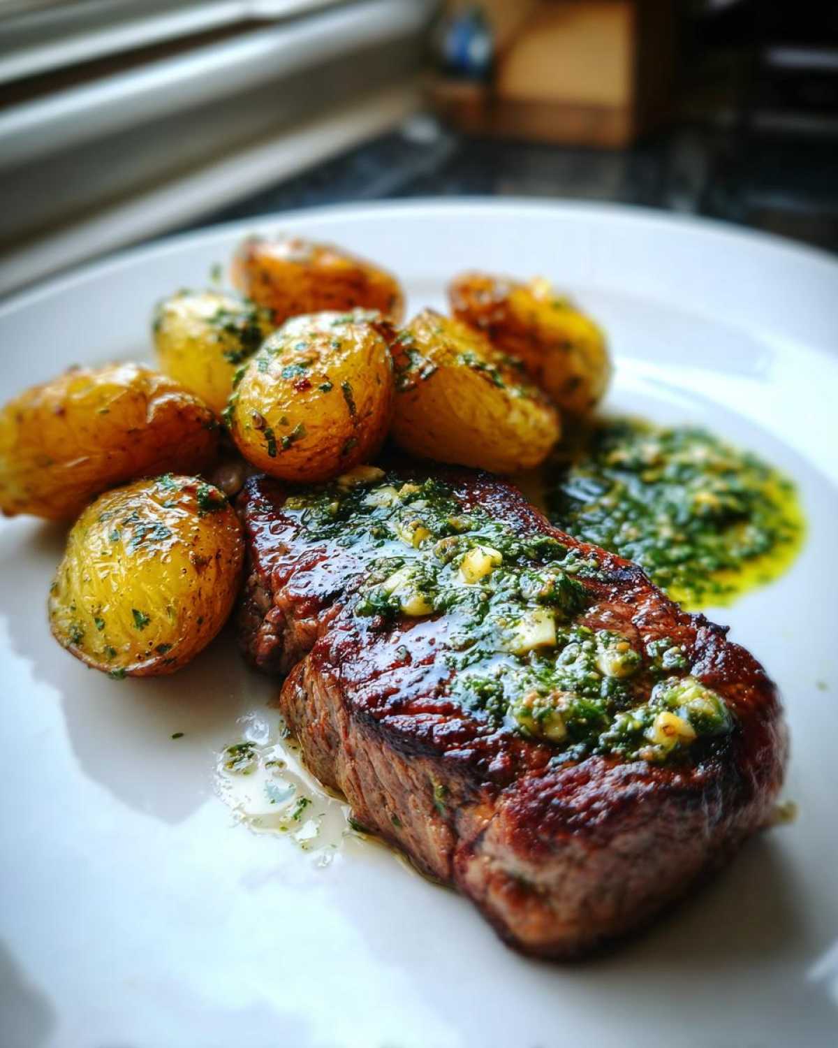A perfectly seared steak topped with garlic butter and herb sauce, served alongside roasted potatoes.