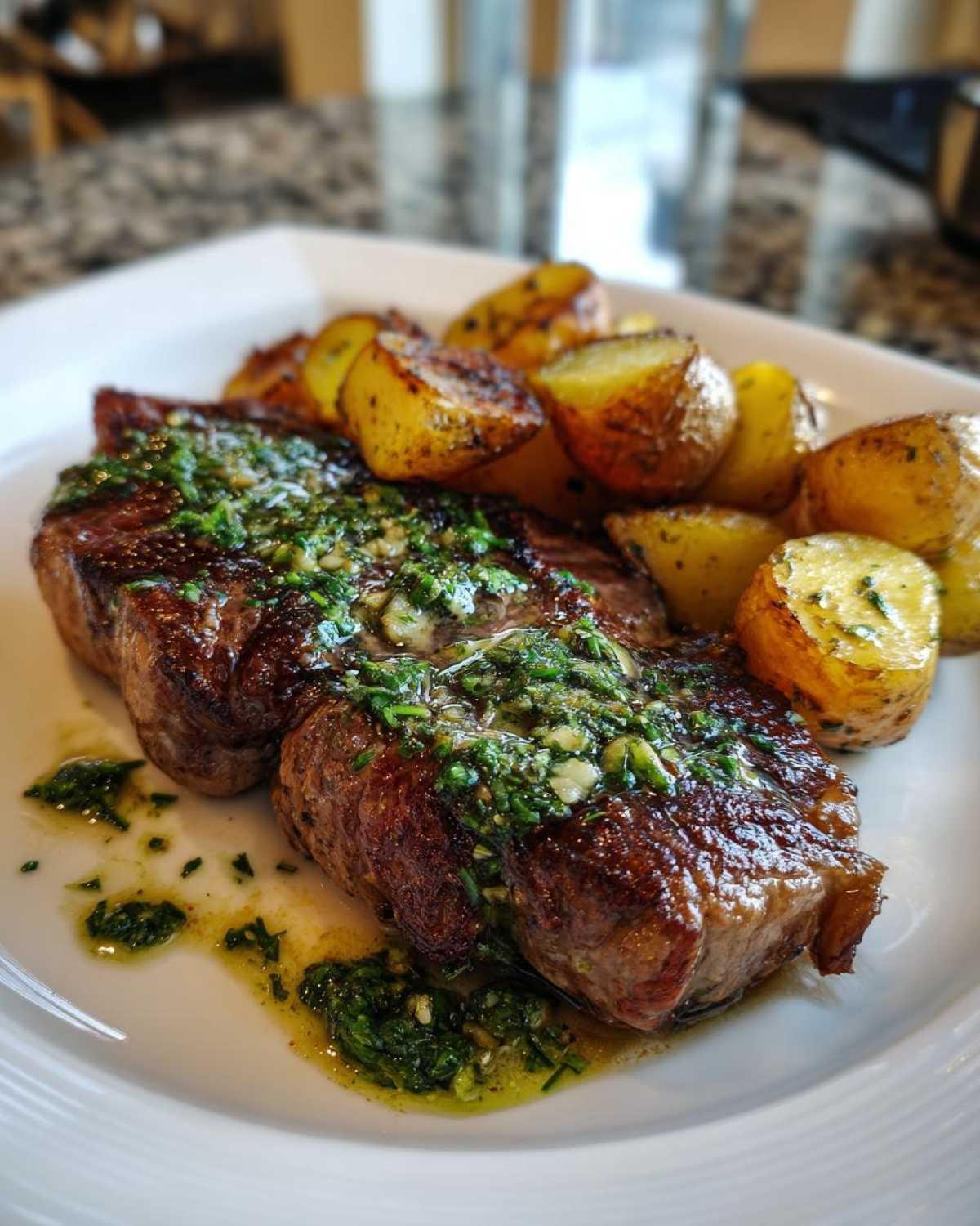Two juicy steaks topped with garlic butter and herb sauce, served alongside roasted potatoes, showcasing the Garlic Butter Steak and Potatoes.