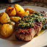 Close-up of a perfectly cooked steak topped with vibrant green herb sauce next to roasted potatoes, featured in Garlic Butter Steak and Potatoes.