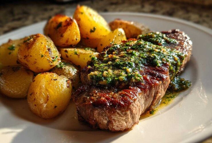 Close-up of a perfectly cooked steak topped with vibrant green herb sauce next to roasted potatoes, featured in Garlic Butter Steak and Potatoes.