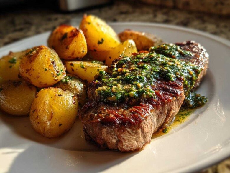 Close-up of a perfectly cooked steak topped with vibrant green herb sauce next to roasted potatoes, featured in Garlic Butter Steak and Potatoes.