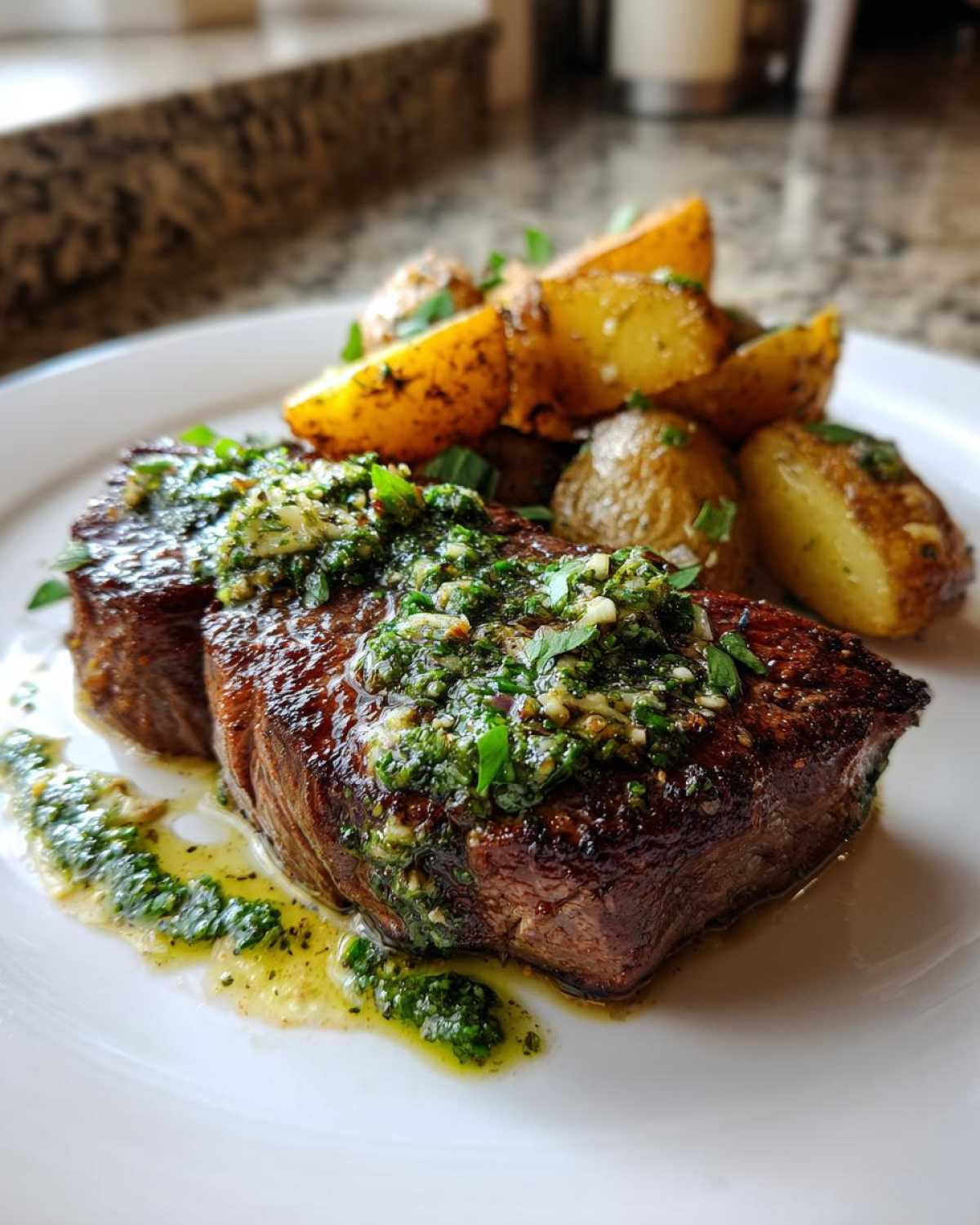 Close-up of seared steak topped with vibrant green herb sauce, served alongside roasted potatoes.