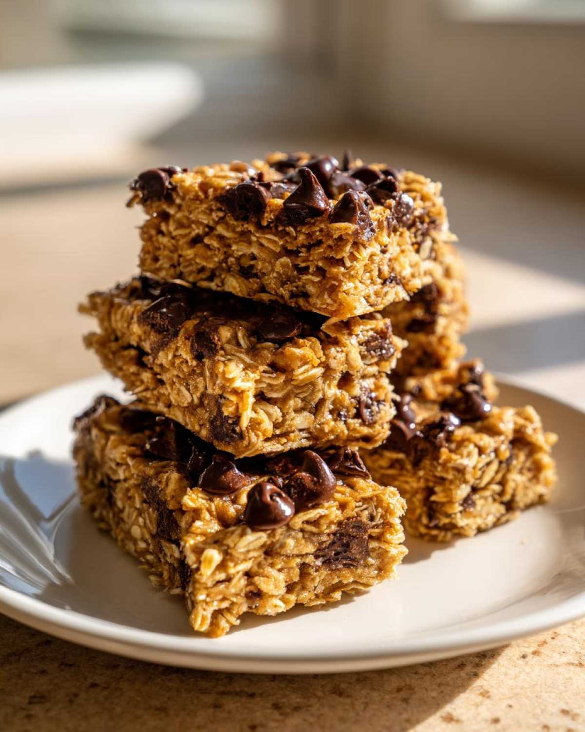 A stack of four chewy Healthy Chocolate Chip Oatmeal Bars topped with melted chocolate chips on a white plate.