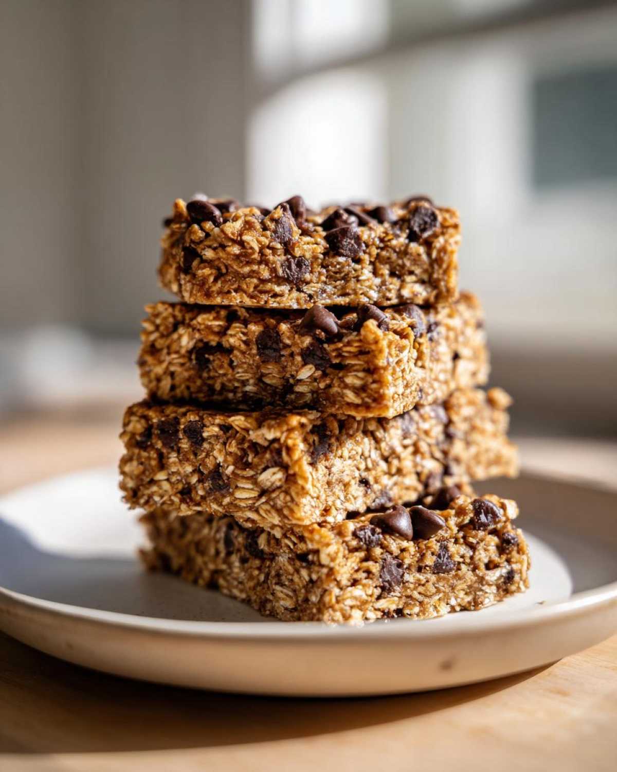 A stack of four chewy Healthy Chocolate Chip Oatmeal Bars piled on a light-colored plate.