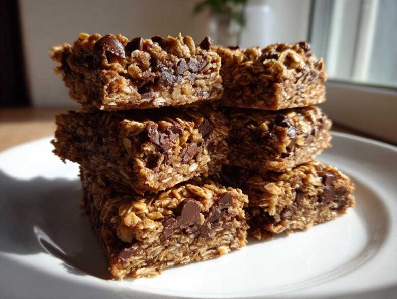 A stack of five chewy Healthy Chocolate Chip Oatmeal Bars piled on a white plate near a window.