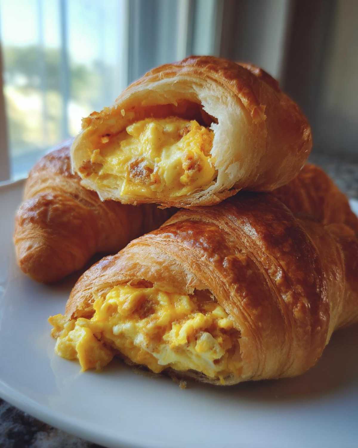 Close-up of Hearty Breakfast Rolls with Sausage and Egg filling spilling out of a golden croissant.
