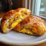 A flaky pastry roll cut in half, revealing a filling of scrambled egg, sausage, and melted cheese, perfect for Hearty Breakfast Rolls with Sausage and Egg.