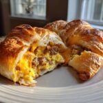 A close-up of Hearty Breakfast Rolls with Sausage and Egg, cut open to show scrambled eggs, sausage, and melted cheddar cheese.