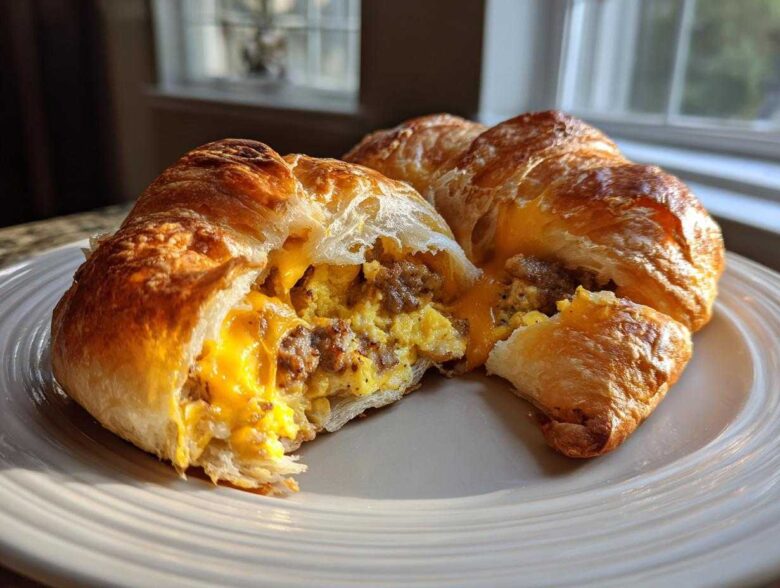 A close-up of Hearty Breakfast Rolls with Sausage and Egg, cut open to show scrambled eggs, sausage, and melted cheddar cheese.