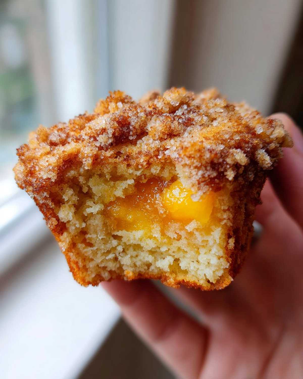 A close-up of a Homemade Peach Cobbler Muffins cut in half, showing the soft interior, peach filling, and sugary crumble topping.