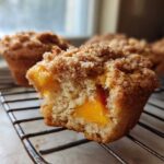 A Homemade Peach Cobbler Muffins cut in half showing moist interior and chunks of peach, resting on a cooling rack.