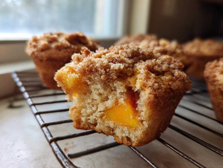 A Homemade Peach Cobbler Muffins cut in half showing moist interior and chunks of peach, resting on a cooling rack.