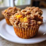 A close-up of a Homemade Peach Cobbler Muffins topped with a thick, sugary cinnamon streusel, sitting on a white plate.
