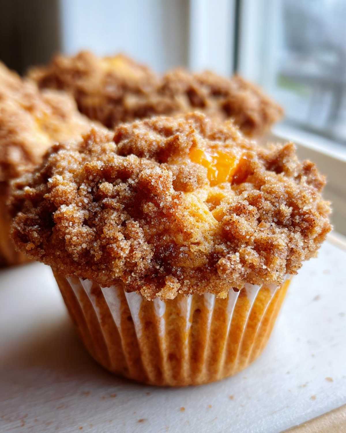 A close-up of a freshly baked Homemade Peach Cobbler Muffins topped with a thick, sugary cinnamon streusel.